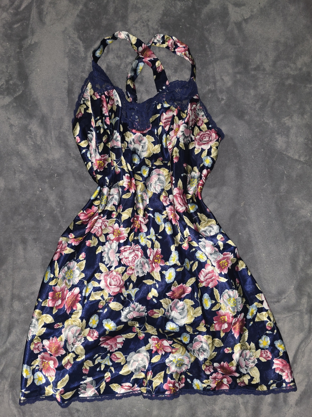 Vanity Fair Navy Floral Satin Slip with Pink & Cream Blooms